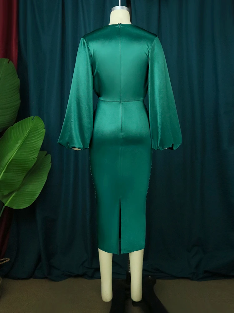Christmas Midi Green Meeting Shiny Pleated Plus Size Women Dress