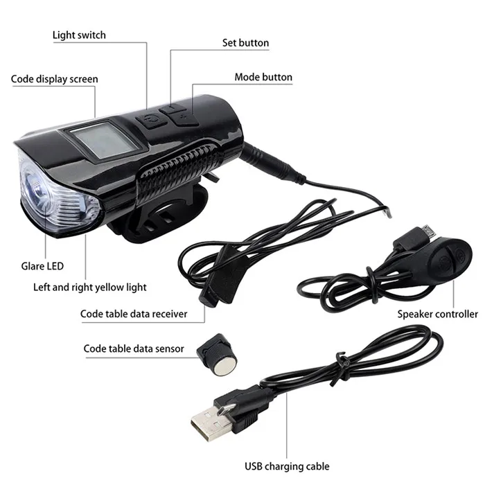Waterproof Bicycle Light Speaker USB Charging Bike Front Light Handlebar Cycle Headlight with Digital LCD Display Speedometer