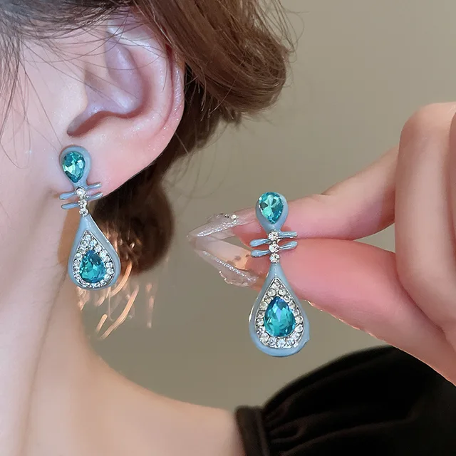 Silver Needle Diamond Set Oil Drop Pipa Daily Commuting Advanced China-Chic Elegant Versatile Wholesale Stud Earrings for Women