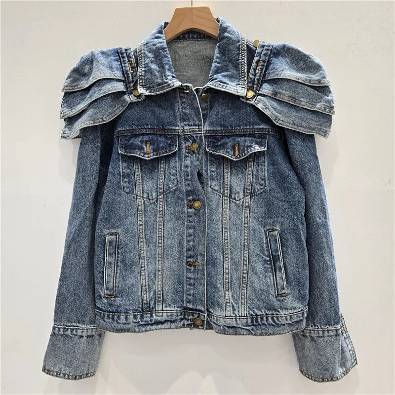 Vintage Distressed Detachable Shoulder Pads Denim Jacket Women Korean Fashion Simple Versatile Slimming Short Top 3D Pattern
