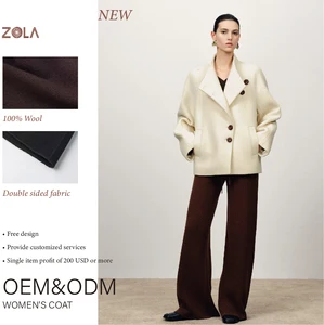 Luxury Eco-Friendly Handmade Double Sided Short 100% Wool Solid Coat Women Casual Winter Keep Warm Turtleneck Button Belt