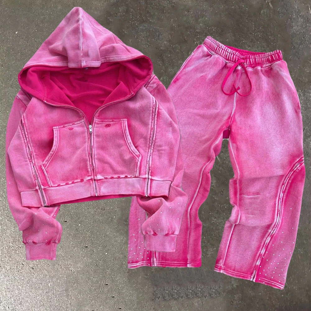 SALATI Acid Washed Sporty Men Sweatsuit Set Wholesale Detachable Zippers Oversized French Terry Hoodie Baggy Pants Knitted gallery 4
