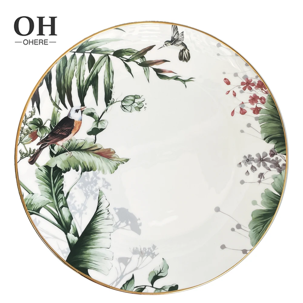 Ohere Customized Green Bone China Dinner Set Wedding Lovely Bird Dinnerware Sets for Event&Catering