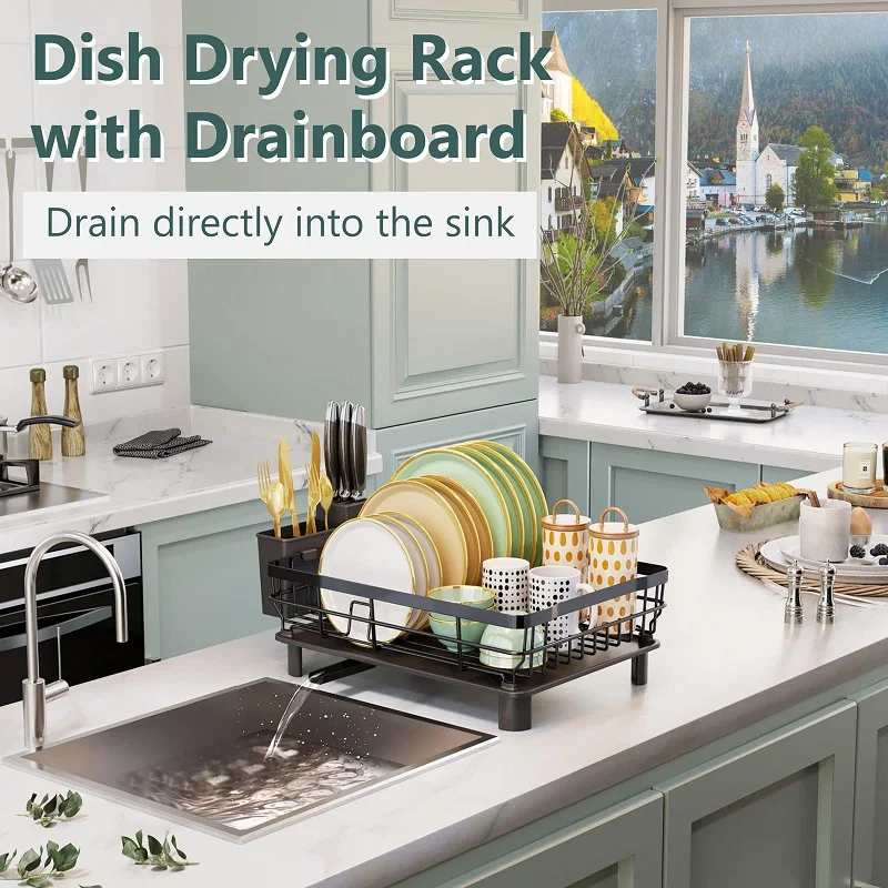 Dish Drying Rack with Drainboard Countertop Sink Adjustable Spout Dish Strainers with Utensil Holder and Knife Slots Dish Rack