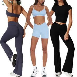 High Quality Women's Fashionable Crew Neck Crop Sports Yoga Set Cross Waist Design Fitness Casual Active Yoga Apparel