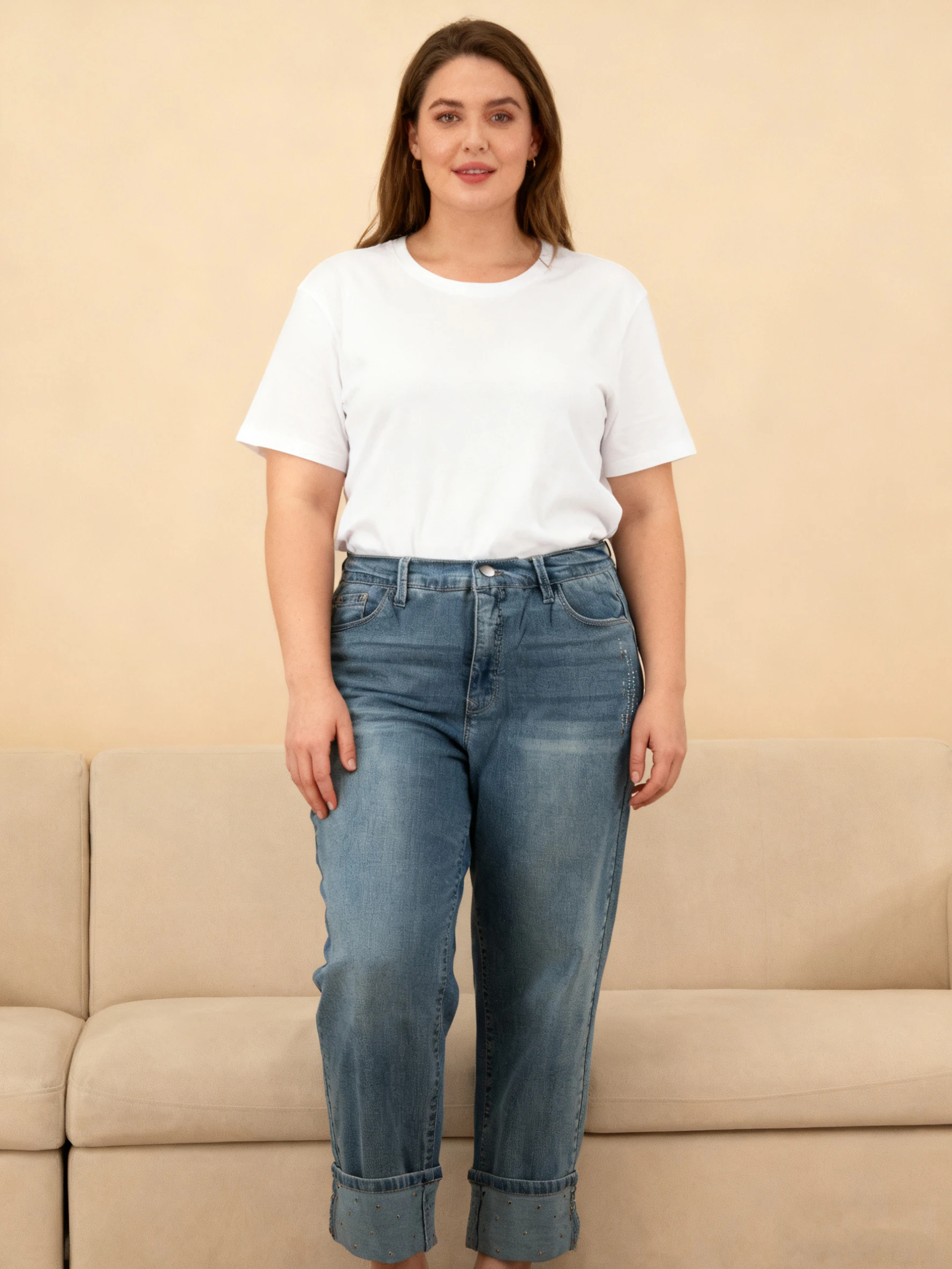 Gemstone decoration Women's Jeans Trendy Loose Denim Pants Casual Plus Size Trousers