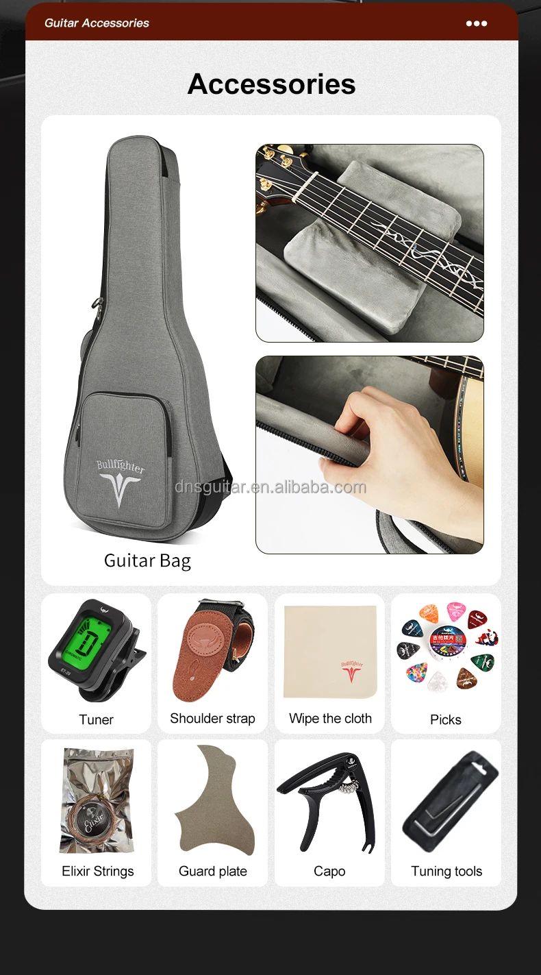 OEM Sitka-Fichtenholz Massivholz-Akustikgitarre Handgefertigte Einlegearbeit Perlmutt-Ebenholz-Griffbrett Gitarre Akustikgitarre Vollmassive Gitarre Mit Tasche – Detail 2