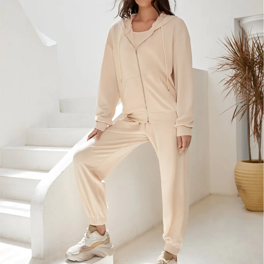 Zip up Drop Shoulder Drawstring Hoodie and Sweat Pant Set Women s Clothing Manufacturer OEM