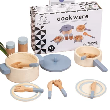 Simulation play house baby toys kitchenware cooking wooden blue pots and pans for boys and girls play house baby cooking toy