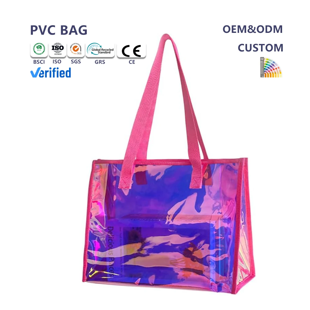 Holographic Laser PVC Stand-up Tote Bag Custom Logo Printed Eco Friendly Reusable Clothing T-shirt Plastic Bags