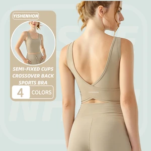 YISHENHON Women's High Quality Athletic Gym Fitness Crop Tops Breathable Cross Back Sports Bra Corset Set New Arrival Yoga