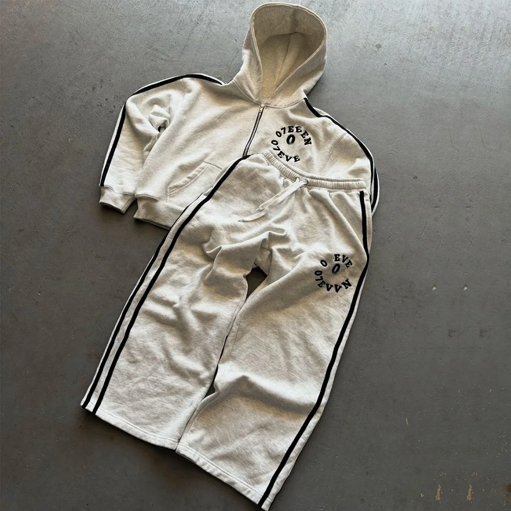 Custom Streetwear Sweatsuit Black Side Stripe Tracksuit Embroidery Zip