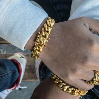 Men Miami Cuban Link Chain Bracelet 18K Gold Stainless Steel Fashion Jewelry 9"