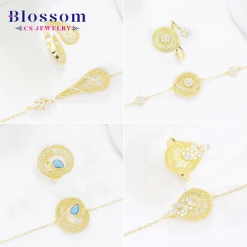 Blossom CS Jewelry Fashion Gold Plated Bracelet Ring Set Hollow Design 925 Sterling Silver Zirconia Fine Jewelry Sets for Women