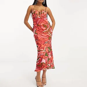 New Arrival Women's Vintage Corset Lace-up Back and Zip-side Abstract Floral Print Cami Midi Dress