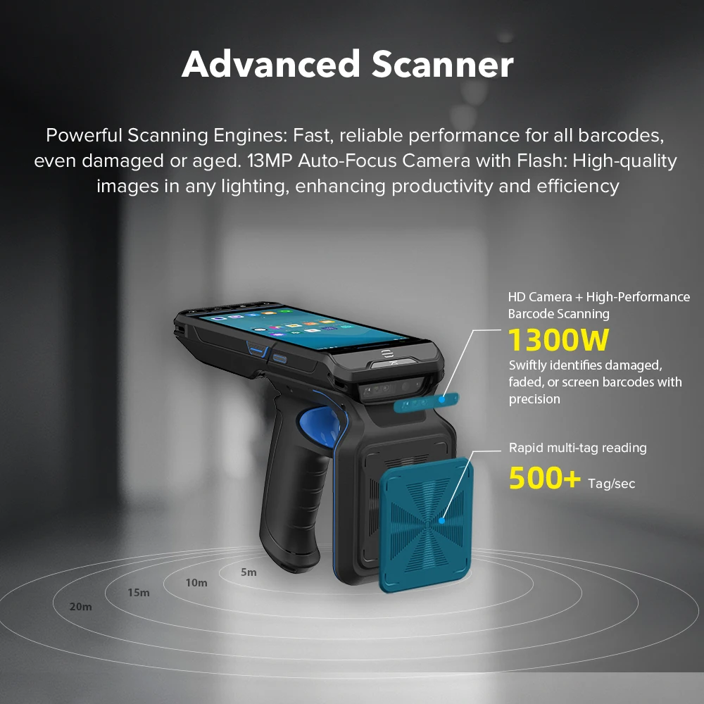 2MP 13MP HD Camera NFC UHF RFID Handheld Reader Writer Bluetooth WIFI 4G Android 13 20m Long Distance UHF RFID Handheld Reader