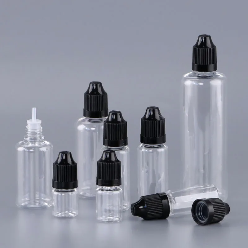 Plastiek Knypbare Druppelaar Fles met Lang Noesel en Kinderbestand Dop vir Vloeistof