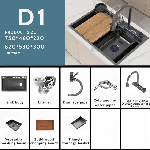 Discount Luxury LED Digital Display Waterfall Kitchen  Smart Kitchen Sink Bathroom Sinks Sink Kitchen