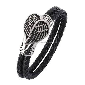 POYA Angel Wings Braided Genuine Leather Bracelet Stainless Steel Jewelry Bracelet for Men WristFathers Day Gift