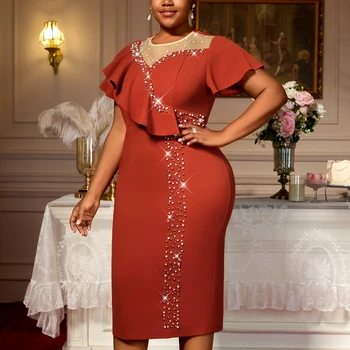 AM050422 Summer Short Sleeve Asymmetric Ruffled Rose Elegant Sparkly Beading Pencil Women Casual Dress