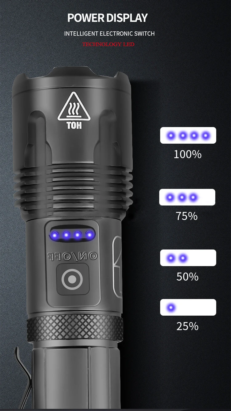 Powerful Waterproof Zoomable Rechargeable XHP70 LED Emergency 5 Modes Power display Tactical  Flashlight Torch Self Defensive supplier