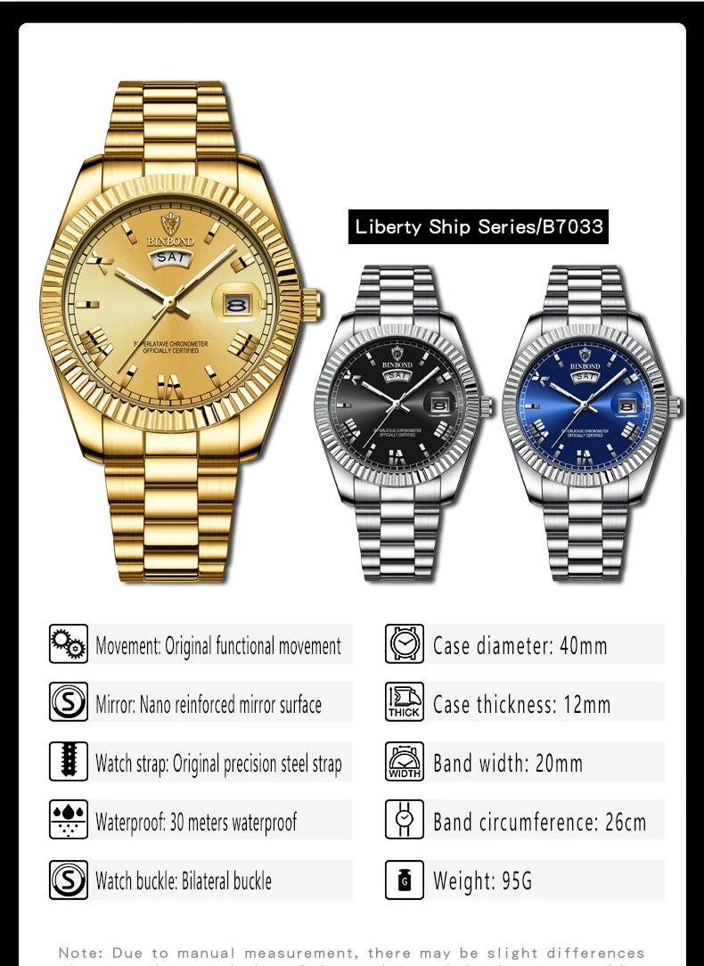 BINBOND 7012 B0733 0733 Men's Quartz Watch Waterproof Luxury Date Waterproof Luminous Fashion Stainless Steel Wristwatch for Man