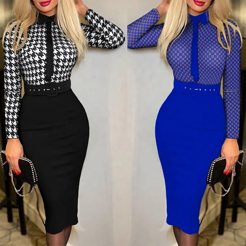 Womens Career Office Dresses Houndstooth Print Graduation Gown Polka Dot  Belted Bodycon Work Business Attire Formal Dress