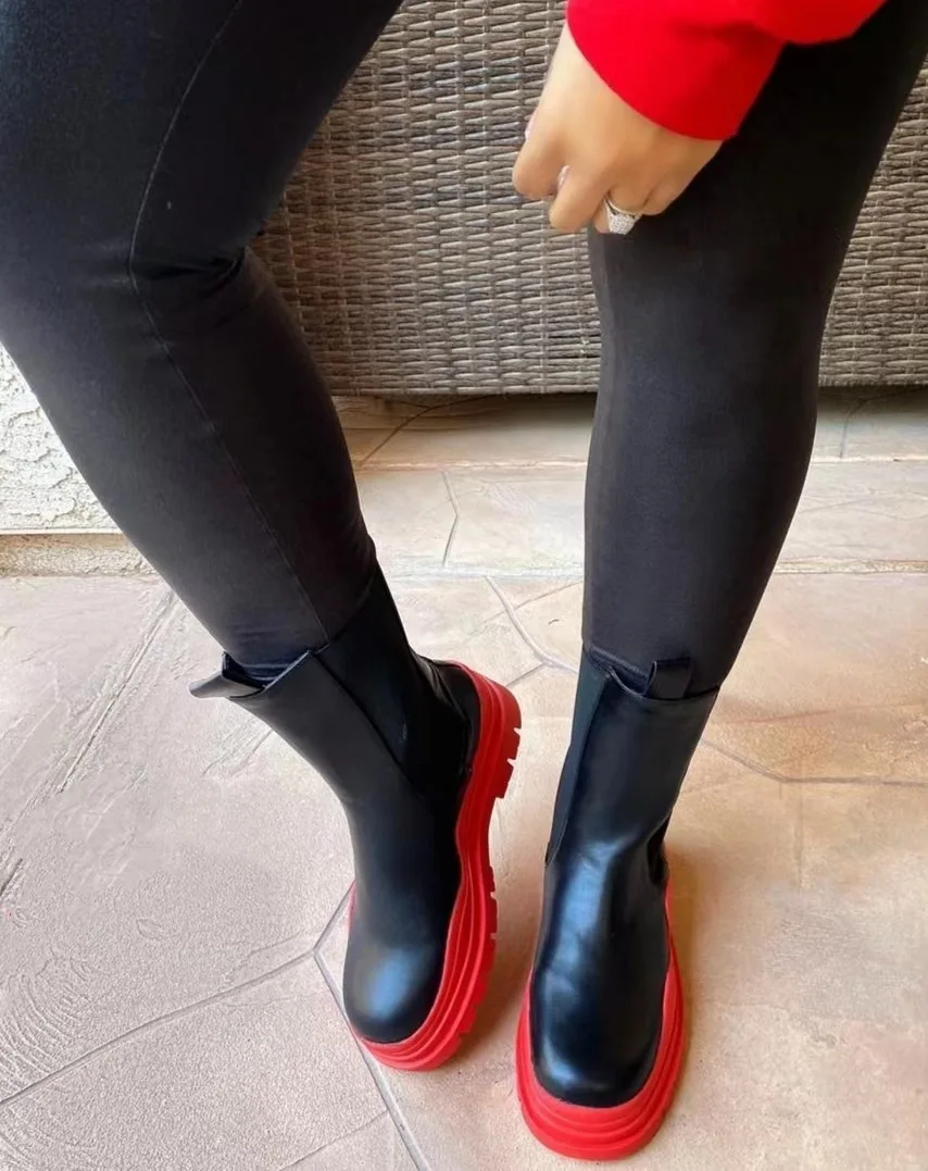 Женские сапоги на толстой подошве, водонепроницаемые однотонные сапоги до середины икры, на платформе