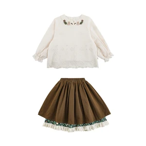 YOEHYAUL C3141 Elegant Girls Two Piece Skirt and Top Set for Girls 100% Cotton Long Sleeve Shirt Outfit for Kids Girl