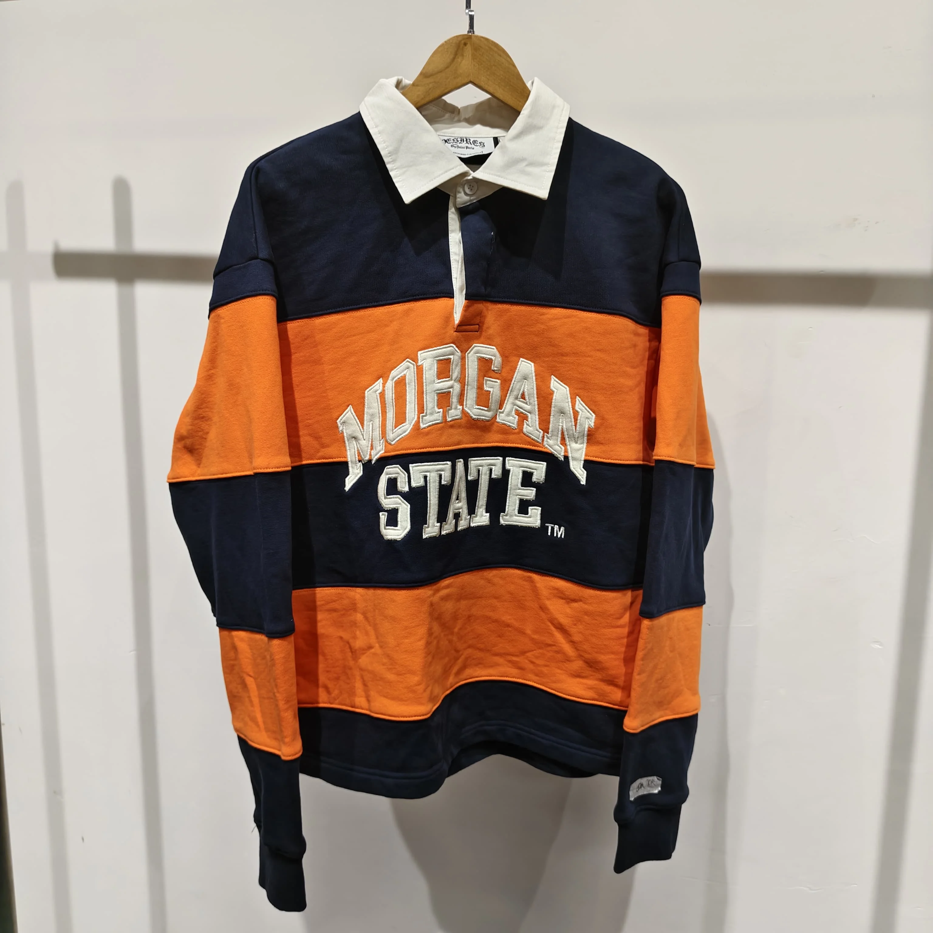 Men Y2K Custom Streetwear Distressed Applique Embroidery Heavyweight French Terry Rugby Stripe Cotton Long Sleeve Polo Shirt