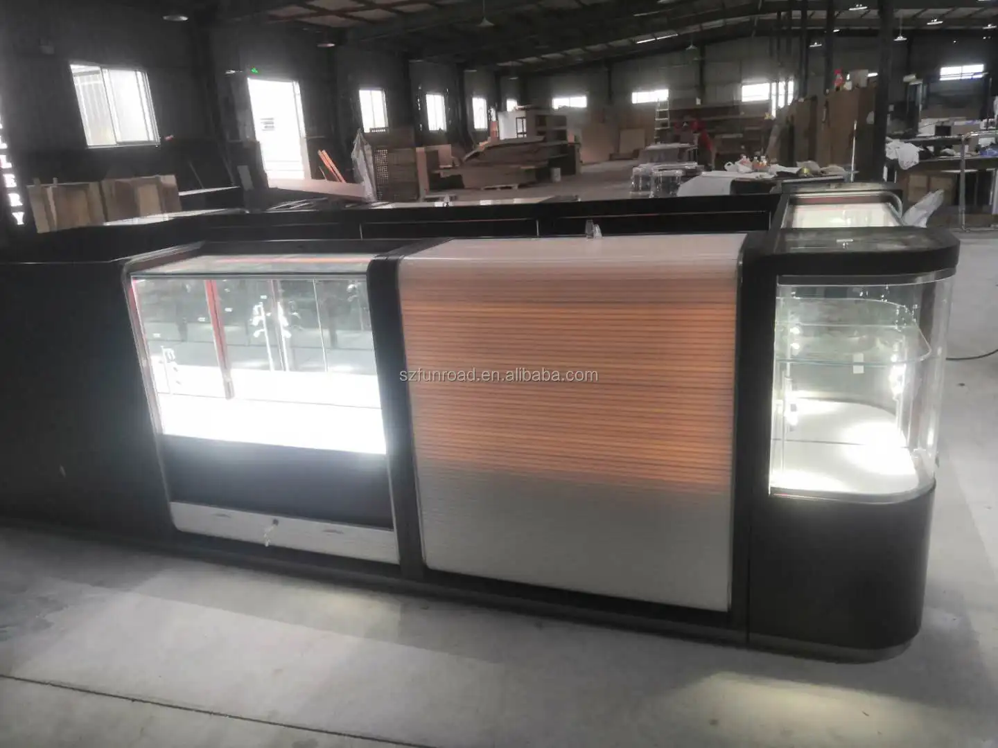Custom design modern Glass and wooden jewelry display kiosk with rolling door