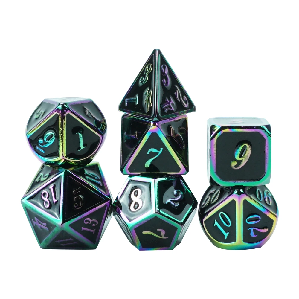 Professional Custom Dnd Polyhedral Dice Set 7pcs Metal rainbow Digital Dices 4d 6d 8d 10d 12d 20d Black Paint for Casino Game