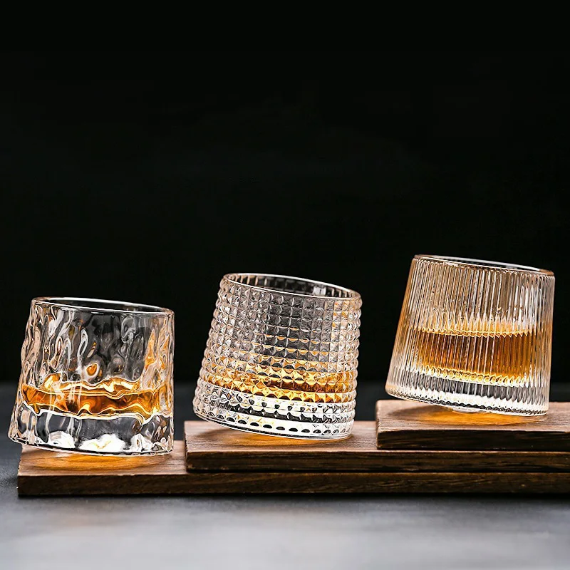 Nordic Design Embossed Transparent Crystal Luxury Rotating Glass Cup  Whiskey Cups with Walnut Ebony Stand for Wine Serving
