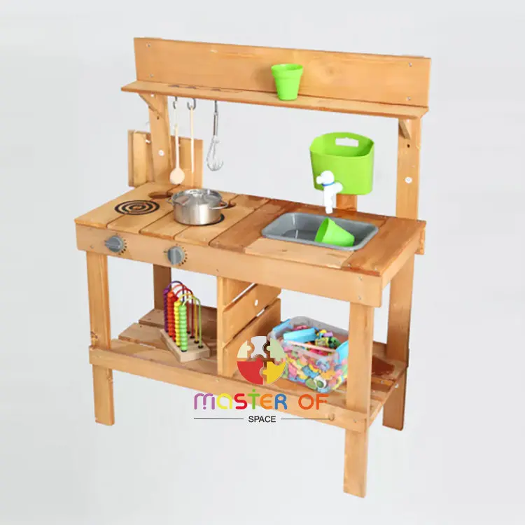 Outdoor Educational Funny Cooking Game Wooden Mud Kitchen Set Toy For