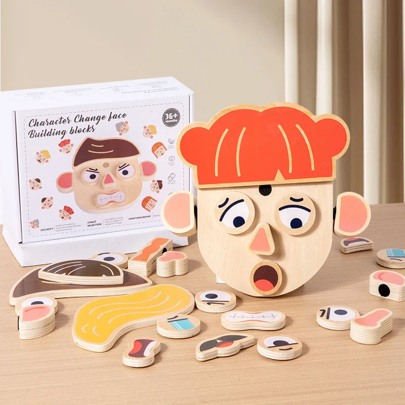 Neue 3D-Puzzle für die frühkindliche Erziehung, Holzspielzeug, Tiere, veränderbare Gesichter, Bausteine, Puzzlespielbrett für das gemeinsame Spielen von Eltern und Kind