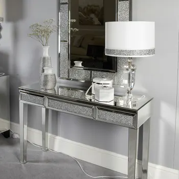Wholesale Price Glam Silver Sparkly Diamond Glitz Mirrored 1 Drawer Dressing  Table Console Table for Home Hotel