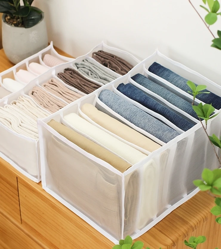 Factory Direct Sales Nylon Washable Collapsible Storage Box 7 Grids Foldable Mesh Clothes Organizer for Pants Jeans Leggings