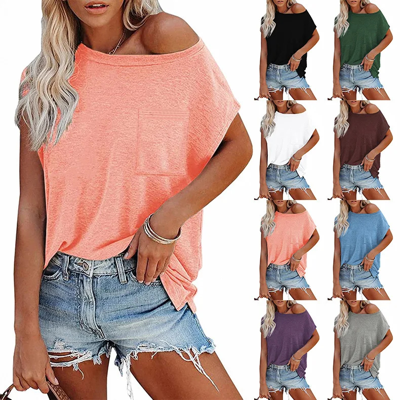 Wholesale Women's Short Sleeve Off Shoulder Scoop Neck Shirts Loose Casual Tee T-Shirt