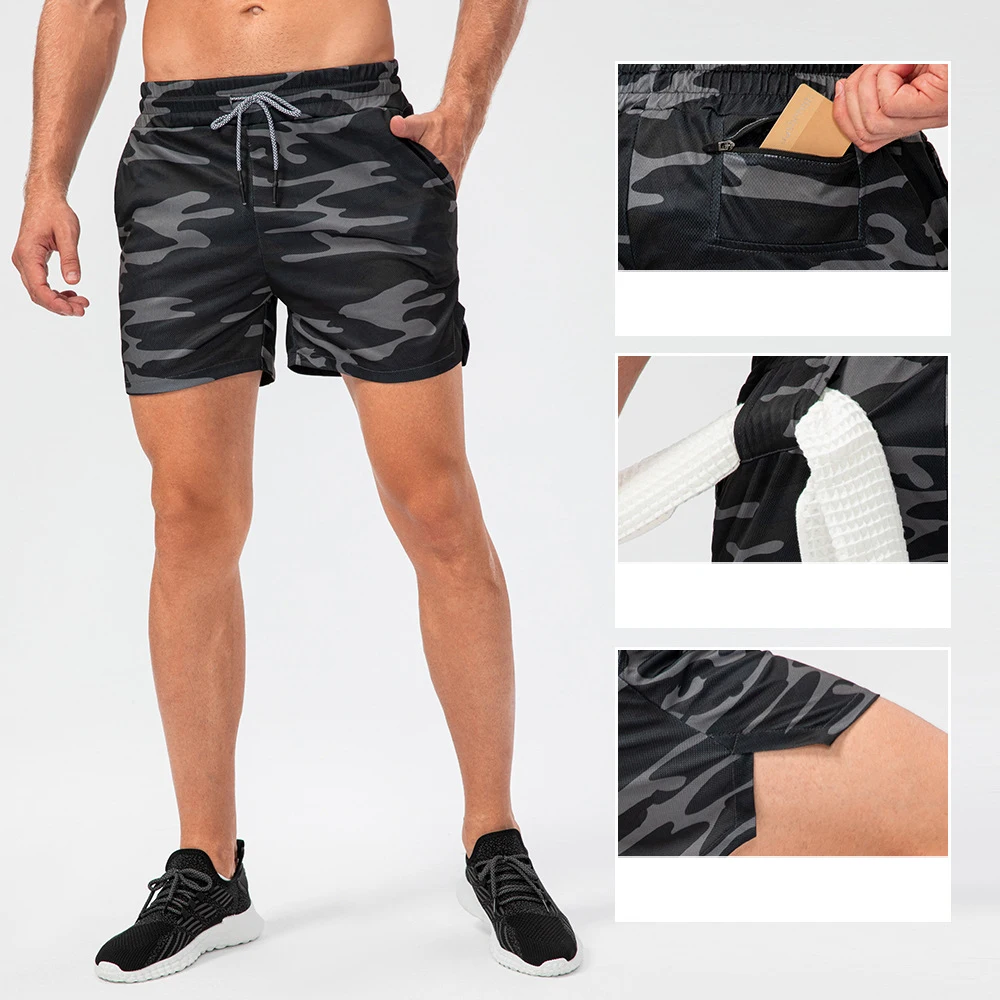 Man Quick Drying Breathable Sportswear Solid Color Camouflage Towel Buckle Loose Running Activewear Men's Shorts762_voghion.com