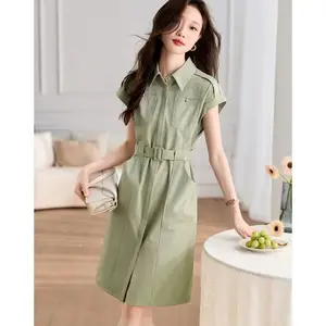 Wholesale Summer French Temperament Women's Slim Design Tooling Belt Stitching Casual Knee-Length Button for Commuting