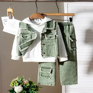 2026 Autumn Casual Vest White Hoodie Sweatshirt Pants 3Pcs Boys Outfit Denim Overalls Children's Clothes for Kids
