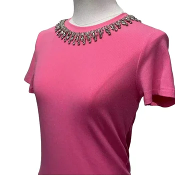 Ainidan Luxury Women's Top High Quality Girls Casual T-Shirt Rhinestone Necklace Embroidery Decoration O-Neck Knitted NEW Style