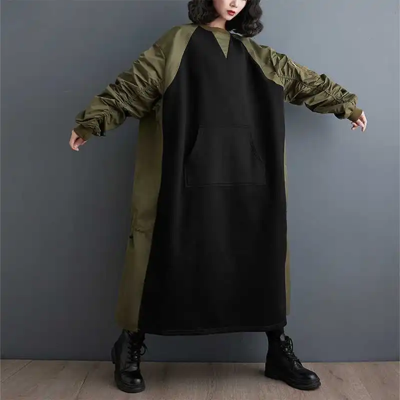 Trendy Fashion Fall Winter Women Ladies Long Sleeve Contrast Color Blocking Loose Long Maxi Straight Dress Casual Women Dress