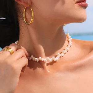 Natural Irregular White Cultured Elegant Women Pearl Bead Necklace Waterproof Stainless Steel 18k Gold Plated Choker Necklace