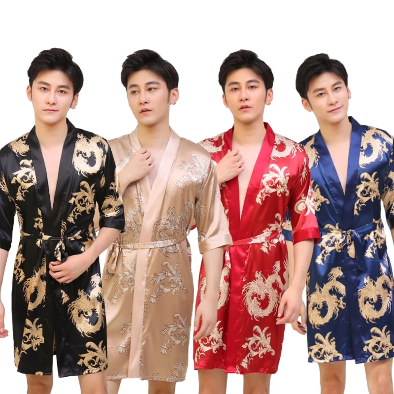 Men's Robe Red Dragon Print Nightwear Satin Kimono Bathrobe And