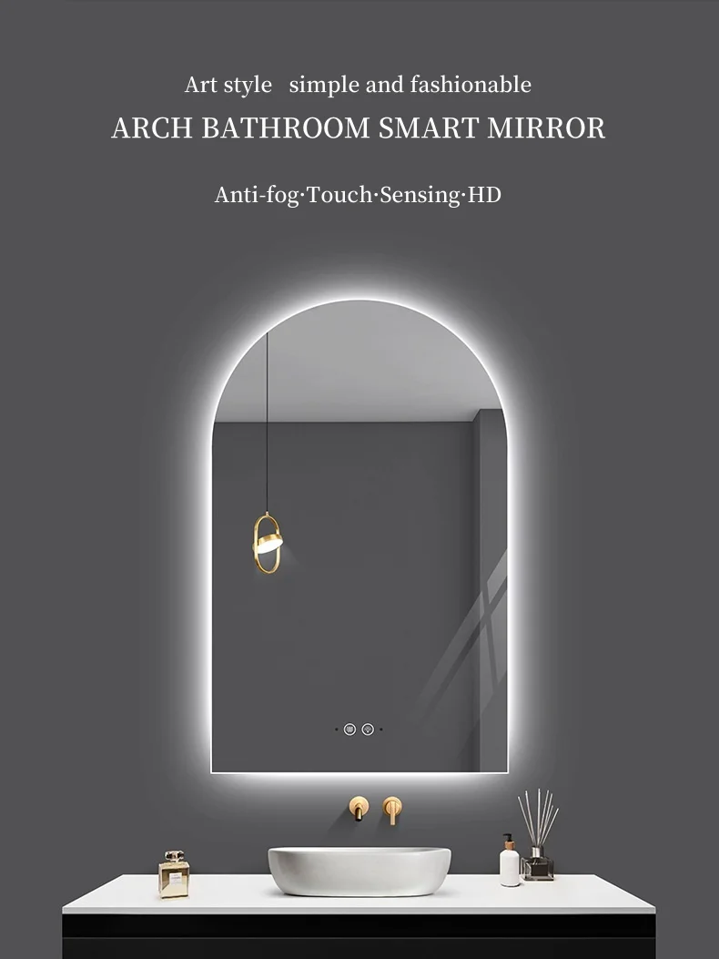 French arch shaped smart mirror bathroom wall mounted Intelligent defogging mirror human body sensing LED intelligent mirror details