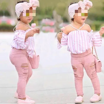 CSK8293 Baby Girl Boutique Pink Tops + ripped hole Trousers + headband 3pcs Outfit Toddler Summer Clothing Set for 1-7Y