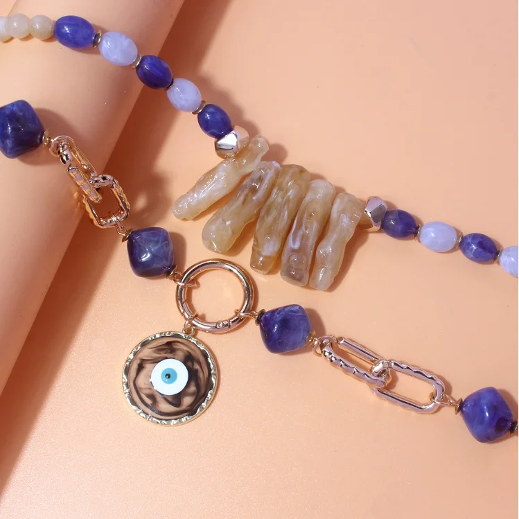 New Design Multilayer Multicolored Resin Acrylic Beads Link Collar Necklace for Women Statement Blue Eye Pendant Choker Necklace