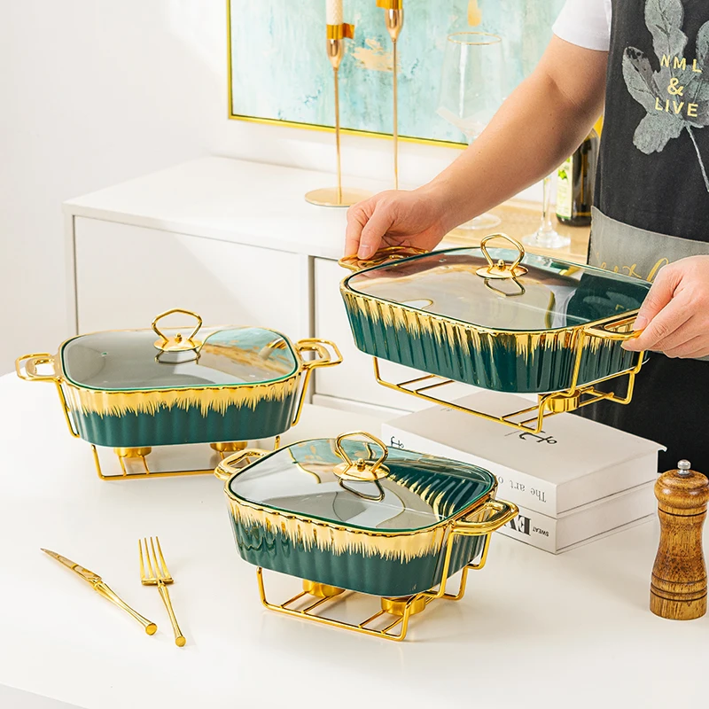 SYL Luxury  New Rectangular Gold Edge Ceramic Bakeware Casserole Ceramic Pot with Glass Lid Griddles Grill Pans Baking Tray