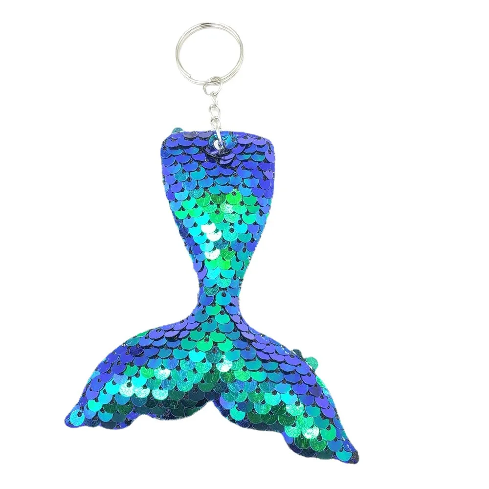 K114 Shiny Reflective Double-sided Fish Scale Sequin Mermaid Tail Keychain Cartoon Animal Fashion Lady Bag Key Ring Jewelry